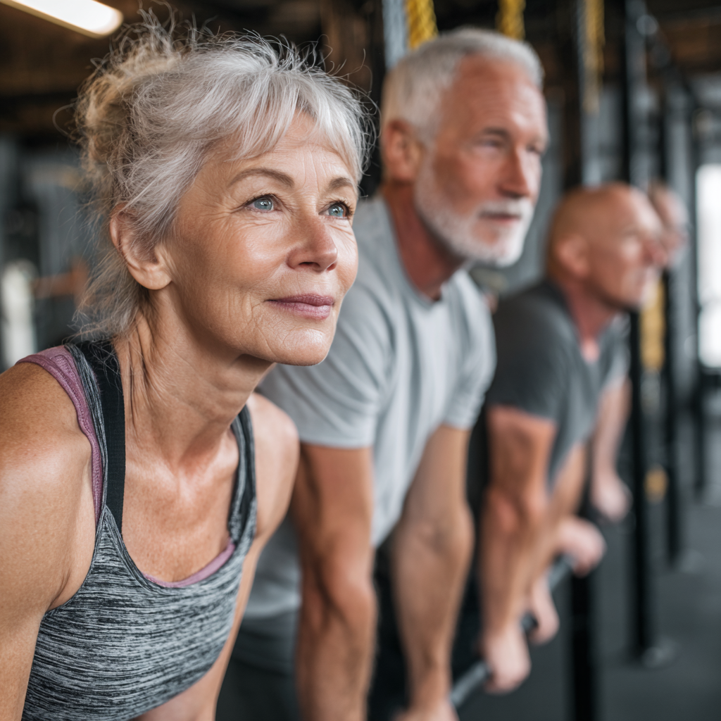 Mature adults in functional training session focusing on daily movement patterns