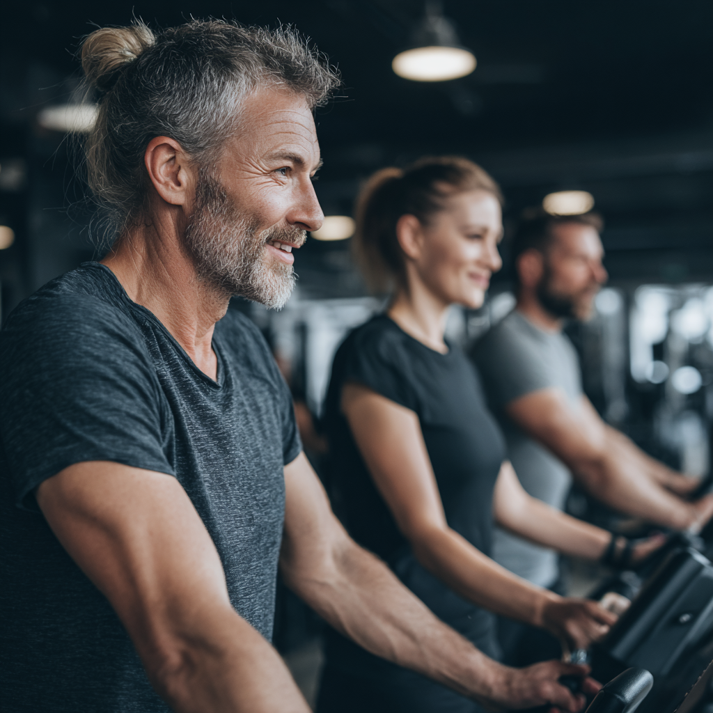 Middle-aged adults doing cardiovascular exercises in modern fitness center