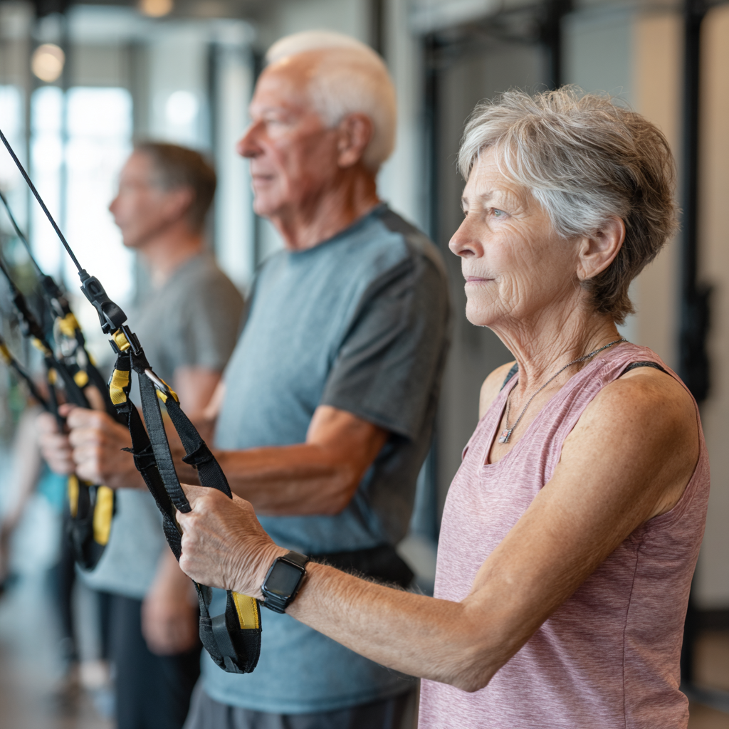 Senior adults performing strength training with professional equipment